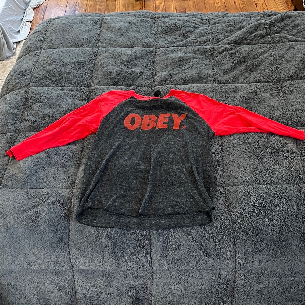 Obey Black and Red Graphic Raglan Tee